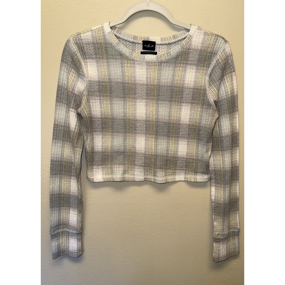 Out From Under Top Waffle Plaid Long Sleeve Crop Medium Urban Outfitters Gray